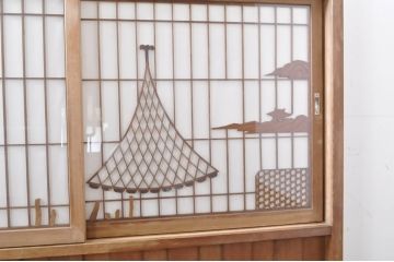 和製アンティーク　素敵なデザインの組子入り!　無双腰板付きの大型衝立て(パーテーション、仕切り、衝い立て、つい立て)(R-067506)