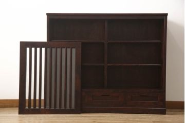 【U様専用】中古　国産職人手造り品　カバ(樺)材　縦桟格子の民芸水屋箪笥サイドボード(茶箪笥、茶棚、収納棚、戸棚、食器棚)(R-067510)