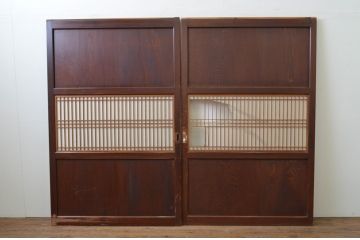 アンティーク建具　和の情緒を演出する幅広障子帯戸2枚セット(引き戸、板戸、障子戸、組子)(R-067530)