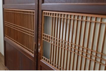 アンティーク建具　和の情緒を演出する幅広障子帯戸2枚セット(引き戸、板戸、障子戸、組子)(R-067530)
