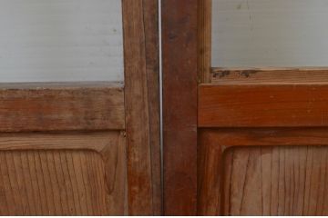 アンティーク建具　レトロな空間作りにおすすめなモールガラス入り格子ガラス戸2枚セット(引き戸、格子戸)(R-067531)