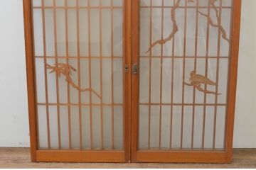 アンティーク建具　両面ガラス　鶴と亀の彫刻が目を惹く!上質な和の空間づくりにおすすめな書院戸2枚セット(窓、引き戸、ガラス戸)(R-067564)