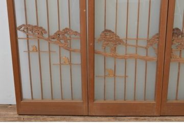 アンティーク建具　両面ガラス　大胆かつ繊細な彫刻が美しい書院戸4枚セット(窓、ガラス戸、引き戸)(R-067566)