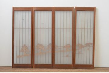 アンティーク建具　両面ガラス　大胆かつ繊細な彫刻が美しい書院戸4枚セット(窓、ガラス戸、引き戸)(R-067566)