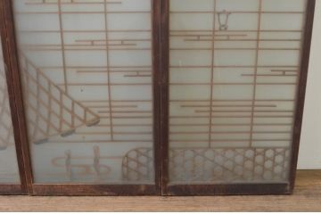 アンティーク建具　落ち着いた木色と繊細な組子が魅力的!両面ガラスの書院戸4枚セット(窓、ガラス戸、引き戸)(R-067580)