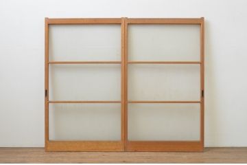 アンティーク建具　レトロな雰囲気が魅力のモールガラス引き戸2枚セット(ガラス戸)(R-067588)