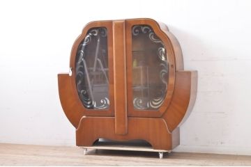 イギリスアンティーク　Art Deco(アール・デコ)　収納したもの素敵に魅せる!!個性的なフォルムが目を惹くキャビネット(Deco Cabinet、装飾美術、アールデコスタイル、収納棚、戸棚、飾り棚、ディスプレイ棚、コレクションケース、英国)(R-067625)