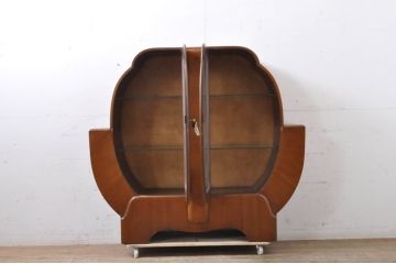イギリスアンティーク　Art Deco(アール・デコ)　収納したもの素敵に魅せる!!個性的なフォルムが目を惹くキャビネット(Deco Cabinet、装飾美術、アールデコスタイル、収納棚、戸棚、飾り棚、ディスプレイ棚、コレクションケース、英国)(R-067625)