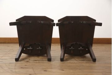 中古　廃盤モデル　星野民芸(星野民藝)　桜材　個性的なデザインが存在感を放つダイニングチェア2脚セット(板座チェア、椅子、イス)(R-067653)