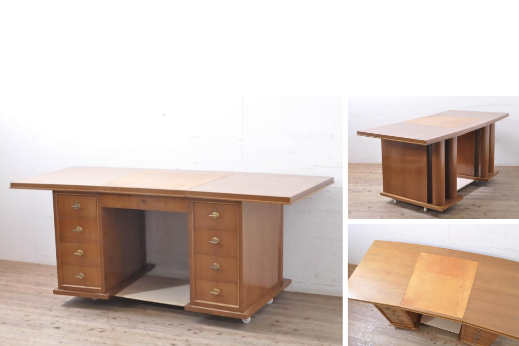 イギリスヴィンテージ　マホガニー材　モダンなデザインが魅力のレザートップ両袖机　(R-067682)