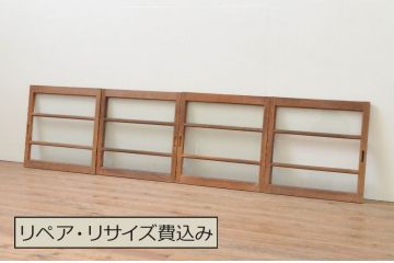 アンティーク建具　経年を感じさせる木味が魅力の小さなガラス窓4枚セット(ガラス戸、引き戸)(R-067722)