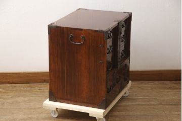 和製アンティーク　激レア　希少!!　総桐材　漆塗り　小箪笥より小さな庄内豆箪笥(枕箪笥、庄内箪笥、時代箪笥、整理タンス、収納タンス、和たんす、卓上収納、小物収納、サイドチェスト、引き出し)(R-067739)