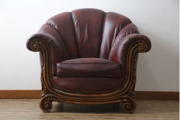 中古　イタリア高級家具　本革　貝殻のようなシェルバックのデザインがお洒落な1人掛けレザーソファ(ラウンジチェア、アームソファ、一人掛けソファ、パーソナルチェア)(R-067770)