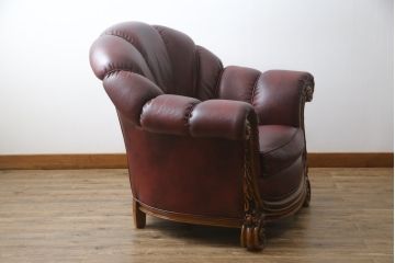 中古　イタリア高級家具　本革　貝殻のようなシェルバックのデザインがお洒落な1人掛けレザーソファ(ラウンジチェア、アームソファ、一人掛けソファ、パーソナルチェア)(R-067770)