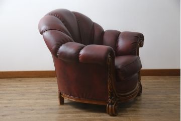 中古　イタリア高級家具　本革　貝殻のようなシェルバックのデザインがお洒落な1人掛けレザーソファ(ラウンジチェア、アームソファ、一人掛けソファ、パーソナルチェア)(R-067771)