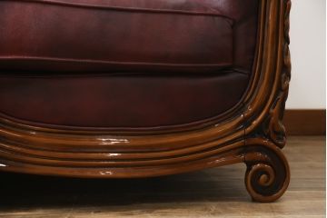 中古　美品　イタリア高級家具　本革　貝殻のようなシェルバックのデザインがお洒落な2人掛けレザーソファ(ラブソファ、二人掛け、アームソファ)(R-067772)