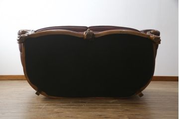 中古　美品　イタリア高級家具　本革　貝殻のようなシェルバックのデザインがお洒落な2人掛けレザーソファ(ラブソファ、二人掛け、アームソファ)(R-067772)