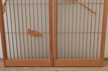 アンティーク建具　片面ガラス　鶴と亀の彫刻が目を惹く!上質な和の空間づくりにおすすめな書院戸2枚セット(窓、引き戸、ガラス戸)(R-067791)