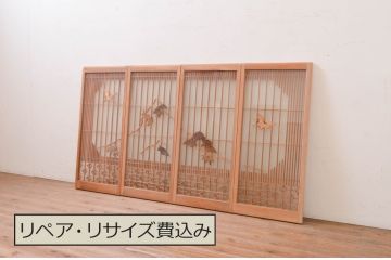 アンティーク建具　両面ガラス　松竹・鶴の彫刻の入った書院戸4枚セット(引き戸、ガラス戸、窓)(R-067796)