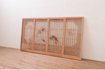 アンティーク建具　両面ガラス　松竹・鶴の彫刻の入った書院戸4枚セット(引き戸、ガラス戸、窓)(R-067796)