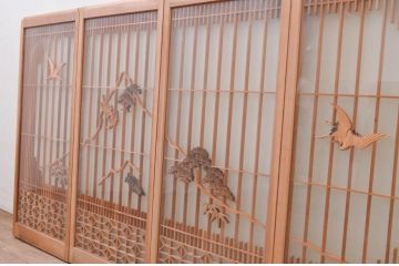 アンティーク建具　両面ガラス　松竹・鶴の彫刻の入った書院戸4枚セット(引き戸、ガラス戸、窓)(R-067796)