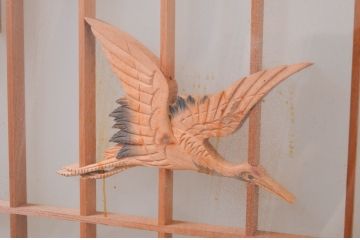 アンティーク建具　両面ガラス　松竹・鶴の彫刻の入った書院戸4枚セット(引き戸、ガラス戸、窓)(R-067796)