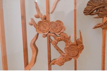 アンティーク建具　両面ガラス　松竹・鶴の彫刻の入った書院戸4枚セット(引き戸、ガラス戸、窓)(R-067796)