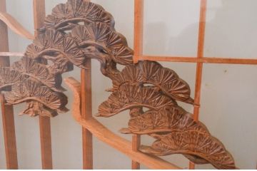 アンティーク建具　両面ガラス　松竹・鶴の彫刻の入った書院戸4枚セット(引き戸、ガラス戸、窓)(R-067796)