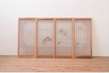 アンティーク建具　両面ガラス　松竹・鶴の彫刻の入った書院戸4枚セット(引き戸、ガラス戸、窓)(R-067796)