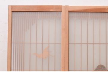アンティーク建具　両面ガラス　松竹・鶴の彫刻の入った書院戸4枚セット(引き戸、ガラス戸、窓)(R-067796)