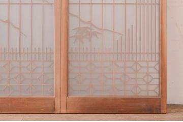 アンティーク建具　両面ガラス　松竹・鶴の彫刻の入った書院戸4枚セット(引き戸、ガラス戸、窓)(R-067796)