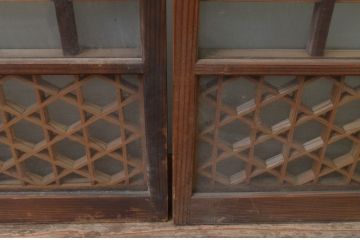 アンティーク建具　両面ガラス　燕の彫刻がかわいらしい組子入りガラス窓2枚セット(引き戸、ガラス戸)(R-067800)