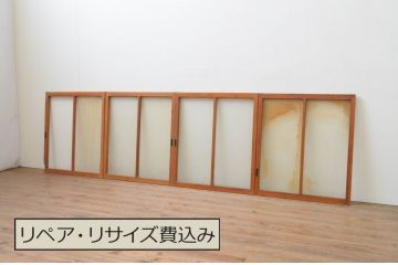 アンティーク建具　銀モールガラス　温かみのある雰囲気が魅力のガラス窓4枚セット(ガラス戸、引き戸)(R-067812)