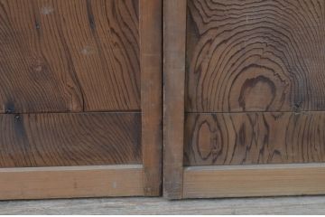 アンティーク建具　格子から覗く木目が美しい!マス目(升目)の格子窓2枚セット(きつね格子、狐格子、格子戸、引き戸、板戸)(R-067866)