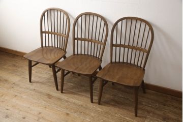 中古　柏木工(カシワ木工、KASHIWA)　ナラ材　木の温かみある風合いが魅力的なダイニングチェア3脚セット(板座チェア、イス、椅子)(R-067913)