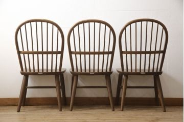 中古　柏木工(カシワ木工、KASHIWA)　ナラ材　木の温かみある風合いが魅力的なダイニングチェア3脚セット(板座チェア、イス、椅子)(R-067913)