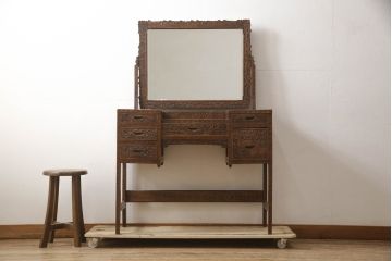 中古　軽井沢彫り　伝統工芸　咲き誇る桜の彫刻が美しいドレッサー(鏡台、ミラー)(R-067914)