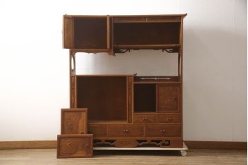 和製アンティーク　美品　最高級!!　総欅(ケヤキ)材　玉杢　指物工芸家具　品のある佇まいが美しい飾り棚(茶棚、違い棚、収納棚、戸棚)(R-067928)