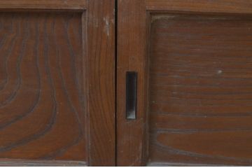 アンティーク建具　総欅(ケヤキ)材　美しい杢目が目を惹く小さな板戸窓2枚セット(引き戸)(R-068033)