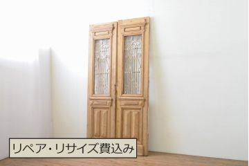 海外アンティーク　パイン材　アイアンフェンス入り両開きドア1対2枚セット(建具、木製扉)(R-068057)