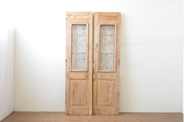 海外アンティーク　パイン材　アイアンフェンス入り両開きドア1対2枚セット(建具、木製扉)(R-068057)