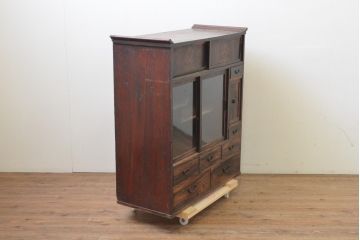 和製アンティーク　前面黒柿　上手物　無垢材　銅金具付きの茶箪笥(茶棚、収納棚、戸棚、飾り棚)(R-068064)