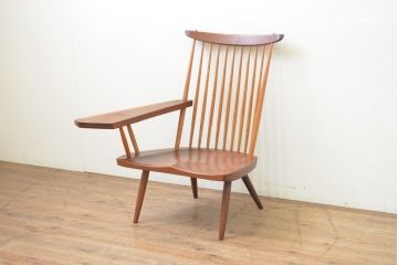 和製ヴィンテージ　美品　小田急ハルク購入　ジョージナカシマ　LOUNGE ARM(ラウンジアーム)　One Arm(ワンアーム、片肘)　CN103　モダンに洗練された右アーム付きラウンジチェア(ジョージ・ナカシマ、イス、椅子、板座チェア、ビンテージ)(R-068078)