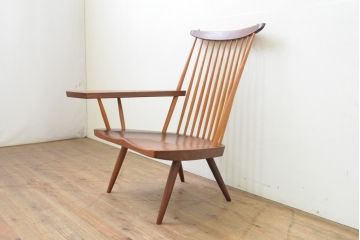 和製ヴィンテージ　美品　小田急ハルク購入　ジョージナカシマ　LOUNGE ARM(ラウンジアーム)　One Arm(ワンアーム、片肘)　CN103　モダンに洗練された右アーム付きラウンジチェア(ジョージ・ナカシマ、イス、椅子、板座チェア、ビンテージ)(R-068078)