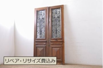海外アンティーク　オーク材　特大!!ヨーロピアンな雰囲気漂うアイアンフェンス入り両開きドア1対2枚セット(建具、木製扉)(R-068130)