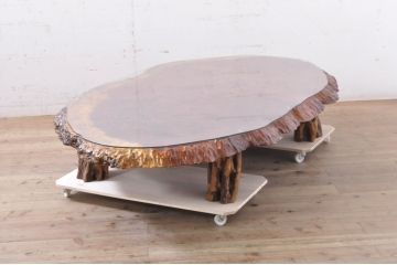 中古　花梨(カリン)材　ガラス天板付き　鳥眼杢が美しい存在感抜群の座卓(ローテーブル、センターテーブル)(R-068147)