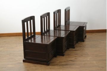 中古　民芸家具　ニレ材　引き出し付きで使い勝手抜群の回転囲炉裏チェア4脚セット(回転椅子、回転チェア、ダイニングチェア、板座チェア)(R-068185)