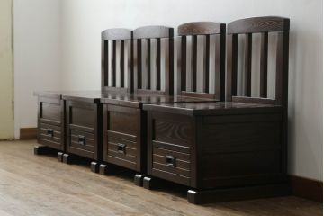 中古　民芸家具　ニレ材　引き出し付きで使い勝手抜群の回転囲炉裏チェア4脚セット(回転椅子、回転チェア、ダイニングチェア、板座チェア)(R-068185)