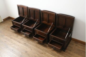 中古　民芸家具　ニレ材　引き出し付きで使い勝手抜群の回転囲炉裏チェア4脚セット(回転椅子、回転チェア、ダイニングチェア、板座チェア)(R-068185)
