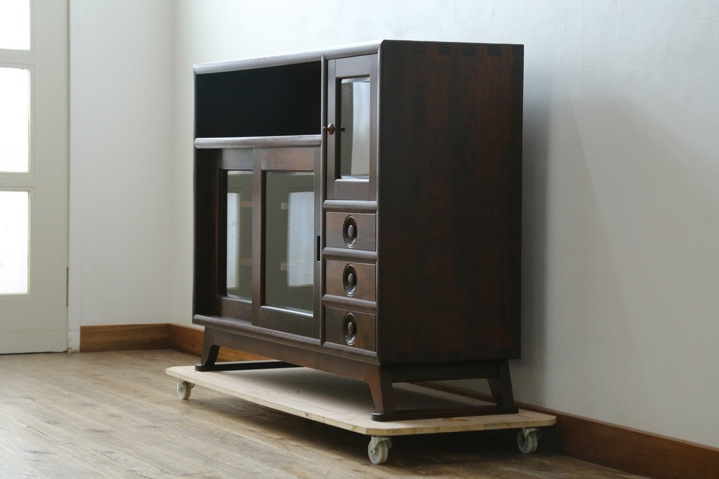 中古　美品　松本民芸家具　どこかレトロな雰囲気も感じる90型茶タンス　定価約44万円　(R-068190)